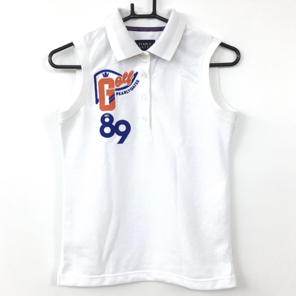 【超美品】PEARLY GATES パーリーゲイツ ノースリーブポロシャツ 白×ブルー 襟裏ライン 日本製 レディース 00(XS) ゴルフウェア