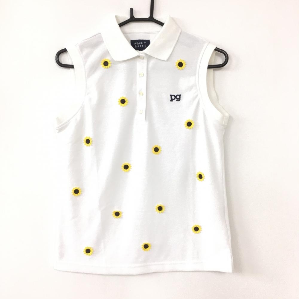 PEARLY GATES パーリーゲイツ ノースリーブポロシャツ 白×イエロー ひまわり総柄 ワッペン  レディース 1(M) ゴルフウェア