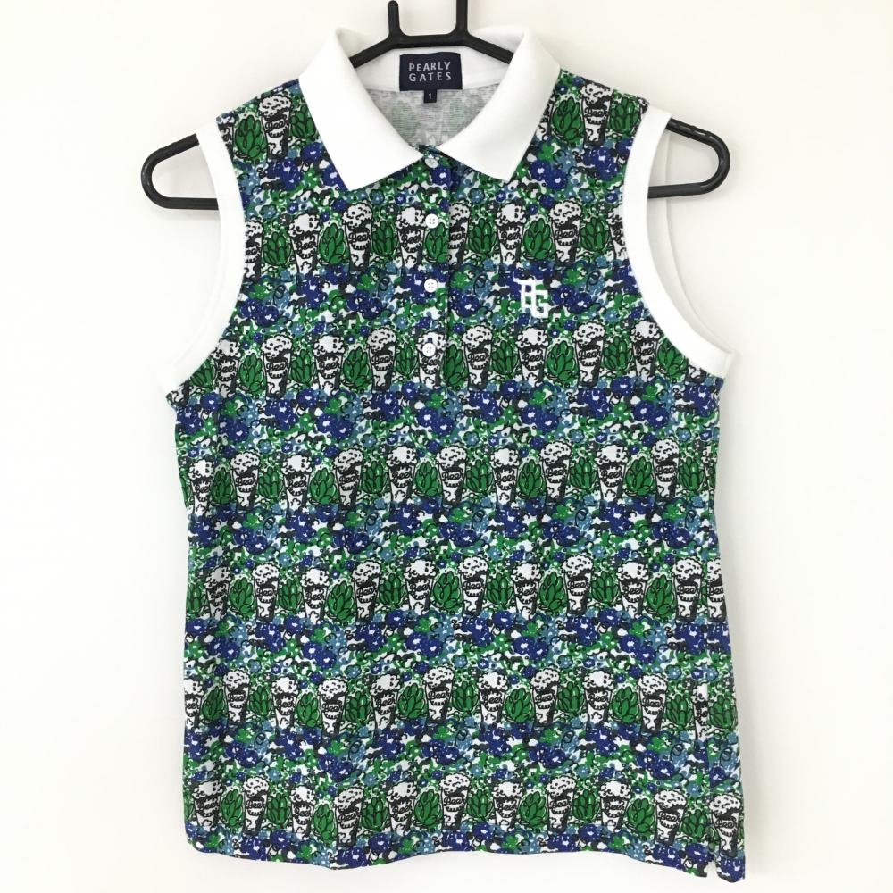 【美品】パーリーゲイツ ノースリーブポロシャツ ネイビー×グリーン ビール柄×花柄 日本製  レディース 1(M) ゴルフウェア PEARLY GATES