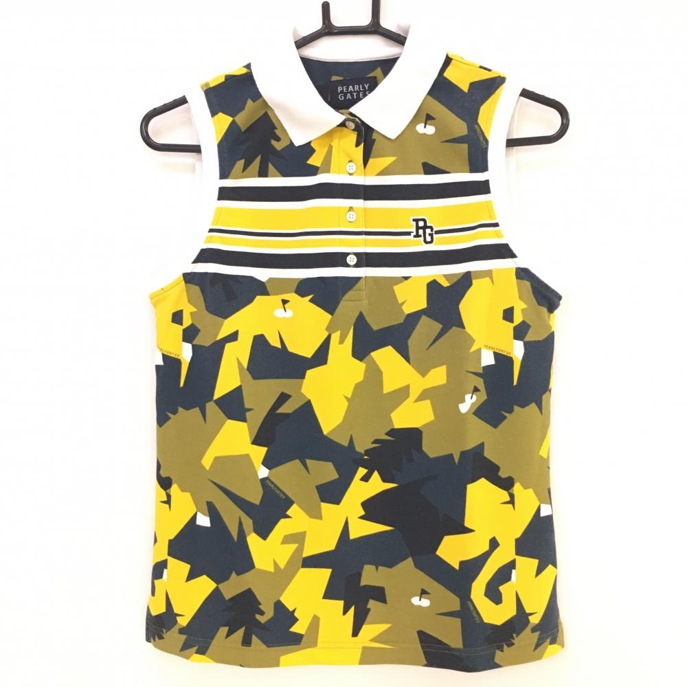 【美品】パーリーゲイツ ノースリーブポロシャツ カーキ×イエロー コットン混 日本製 総柄 レディース 1(Ｍ) ゴルフウェア PEARLY GATES
