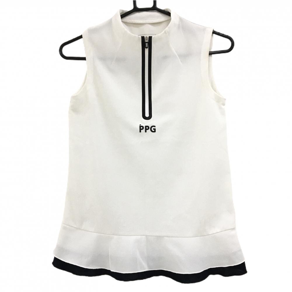 パーリーゲイツ ノースリーブシャツ 白×黒 裾フリル ハーフジップ レディース 00(XS) ゴルフウェア PEARLY GATES