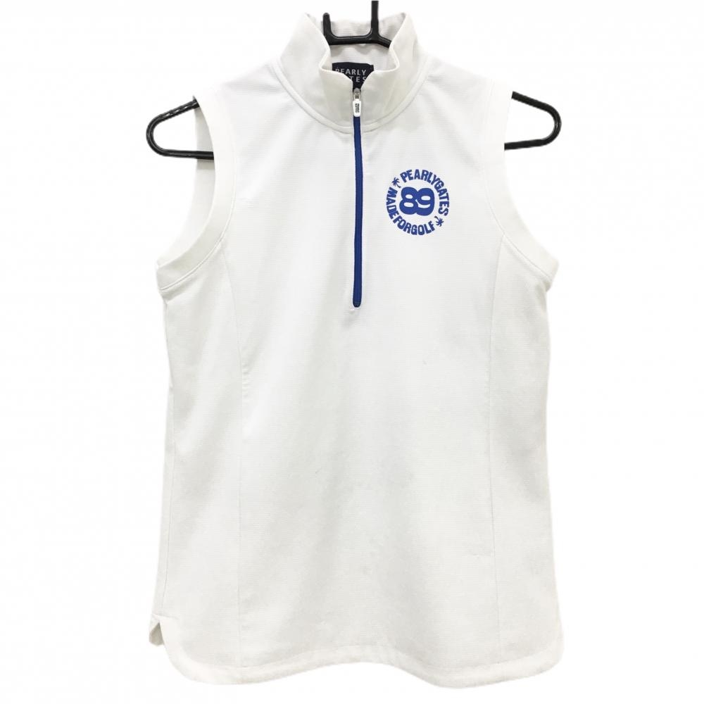 パーリーゲイツ ノースリーブハイネックシャツ 白×ブルー ハーフジップ レディース 1(M) ゴルフウェア PEARLY GATES