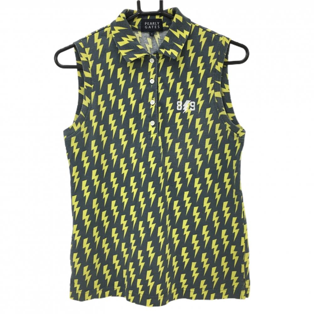 パーリーゲイツ ノースリーブポロシャツ グレーネイビー系×イエロー 雷柄 コットン100％ レディース 1(M) ゴルフウェア PEARLY GATES