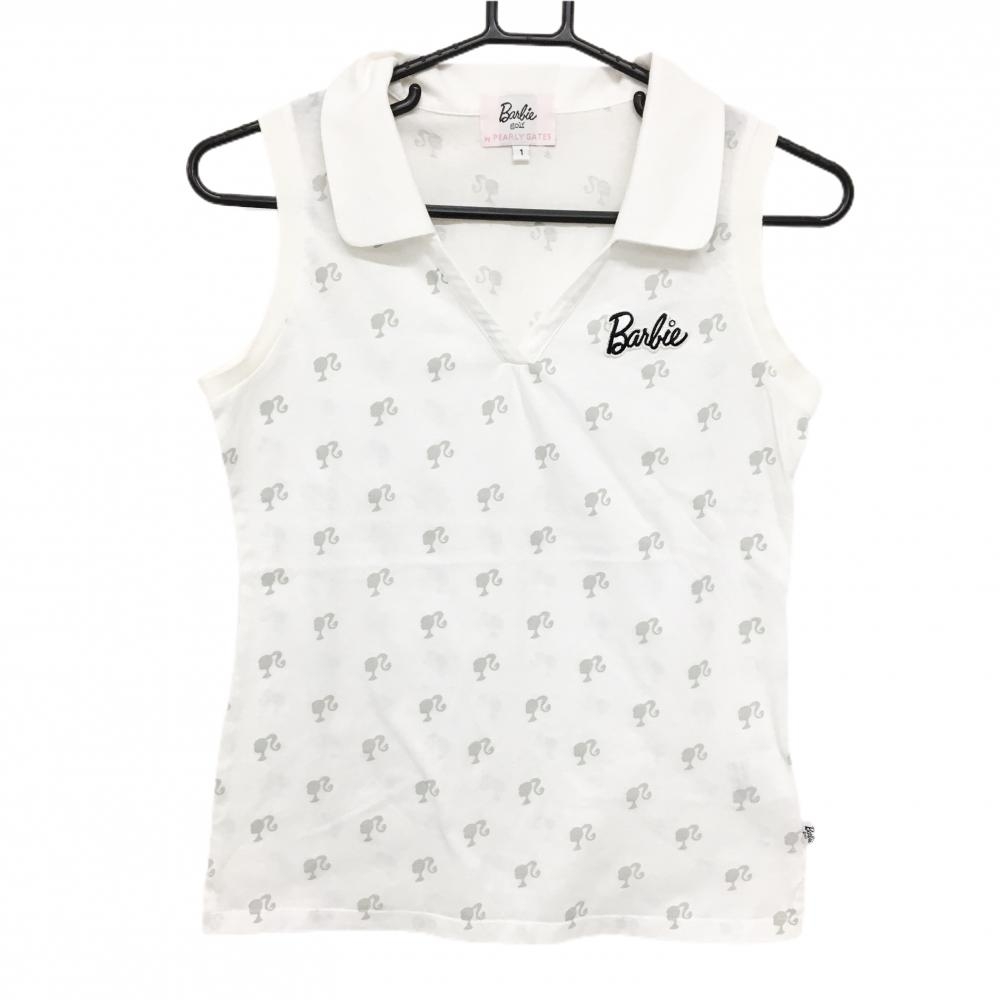 【美品】バービーゴルフバイパーリーゲイツ ノースリーブスキッパーシャツ 白×グレー レディース 1(M) ゴルフウェア PEARLY GATES