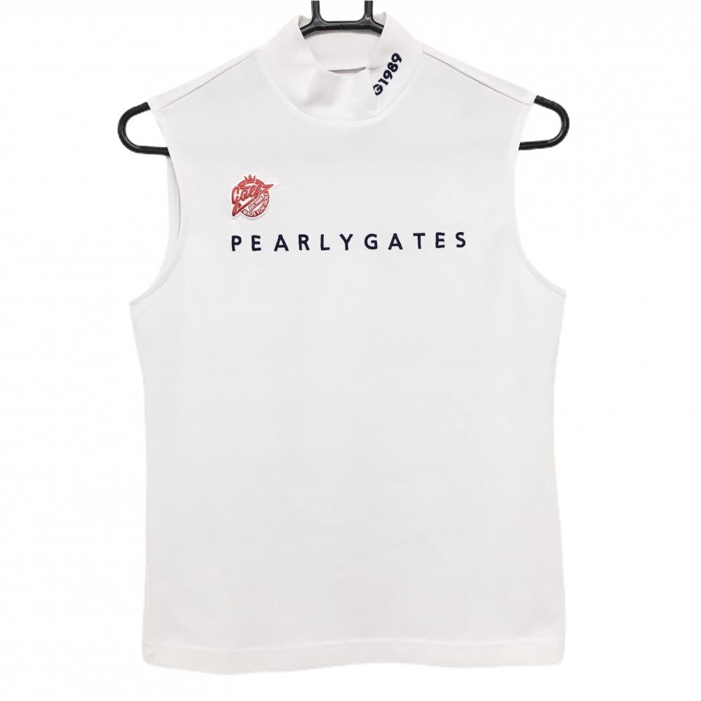 【美品】パーリーゲイツ ノースリーブハイネックシャツ 白 ロゴ刺しゅう レディース 1(M) ゴルフウェア PEARLY GATES