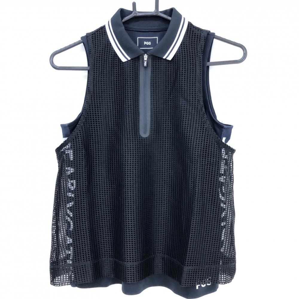 【超美品】PGGパーリーゲイツ ノースリーブポロシャツ 黒×白 格子レース サイドロゴ  レディース 0(S) ゴルフウェア PEARLY GATES