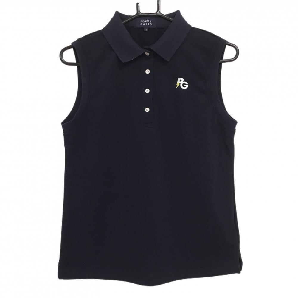 【美品】パーリーゲイツ ノースリーブポロシャツ ネイビー×白 稲妻 バックロゴ   レディース 2(L) ゴルフウェア PEARLY GATES