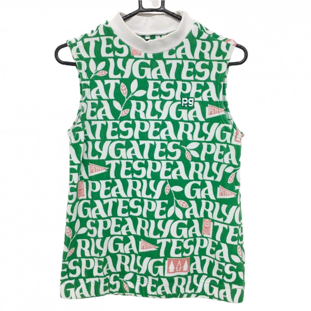パーリーゲイツ ノースリーブハイネックシャツ グリーン×白 ロゴ英字総柄  レディース 1(M) ゴルフウェア PEARLY GATES