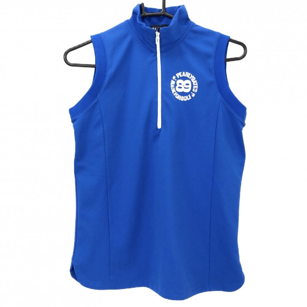 【超美品】パーリーゲイツ ノースリーブハイネックシャツ ブルー ハーフジップ ロゴ白 レディース 1(M) ゴルフウェア PEARLY GATES