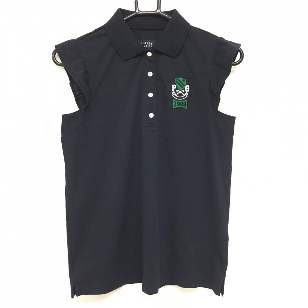 【美品】パーリーゲイツ ノースリーブポロシャツ ネイビー 地模様 袖フリル  レディース 0(S) ゴルフウェア PEARLY GATES