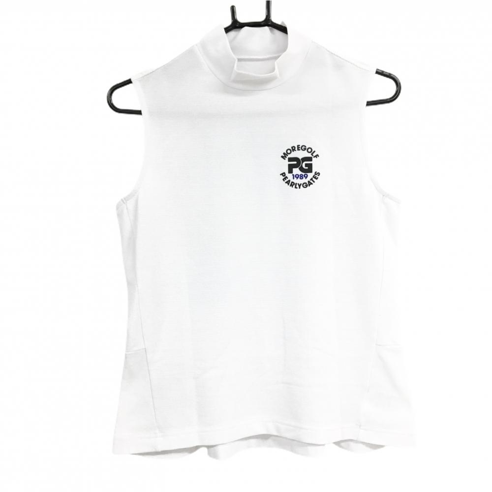 【美品】パーリーゲイツ ノースリーブハイネックシャツ 白×黒 後ろロゴプリント レディース 1(M) ゴルフウェア PEARLY GATES