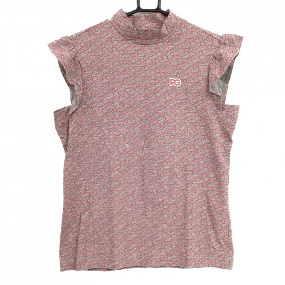 【超美品】パーリーゲイツ ノースリーブハイネックシャツ グレー×ピンク ハート柄 ロゴ  レディース 0(S) ゴルフウェア PEARLY GATES