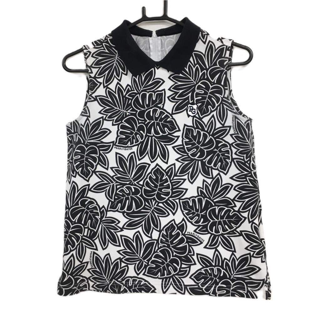 パーリーゲイツ ノースリーブシャツ 白×黒 リーフ柄 レディース 1(M) ゴルフウェア PEARLY GATES