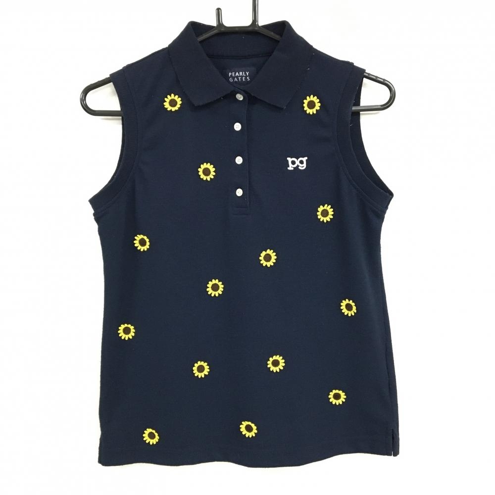 パーリーゲイツ ノースリーブポロシャツ ネイビー×イエロー ヒマワリ刺しゅう  レディース 0(S) ゴルフウェア PEARLY GATES