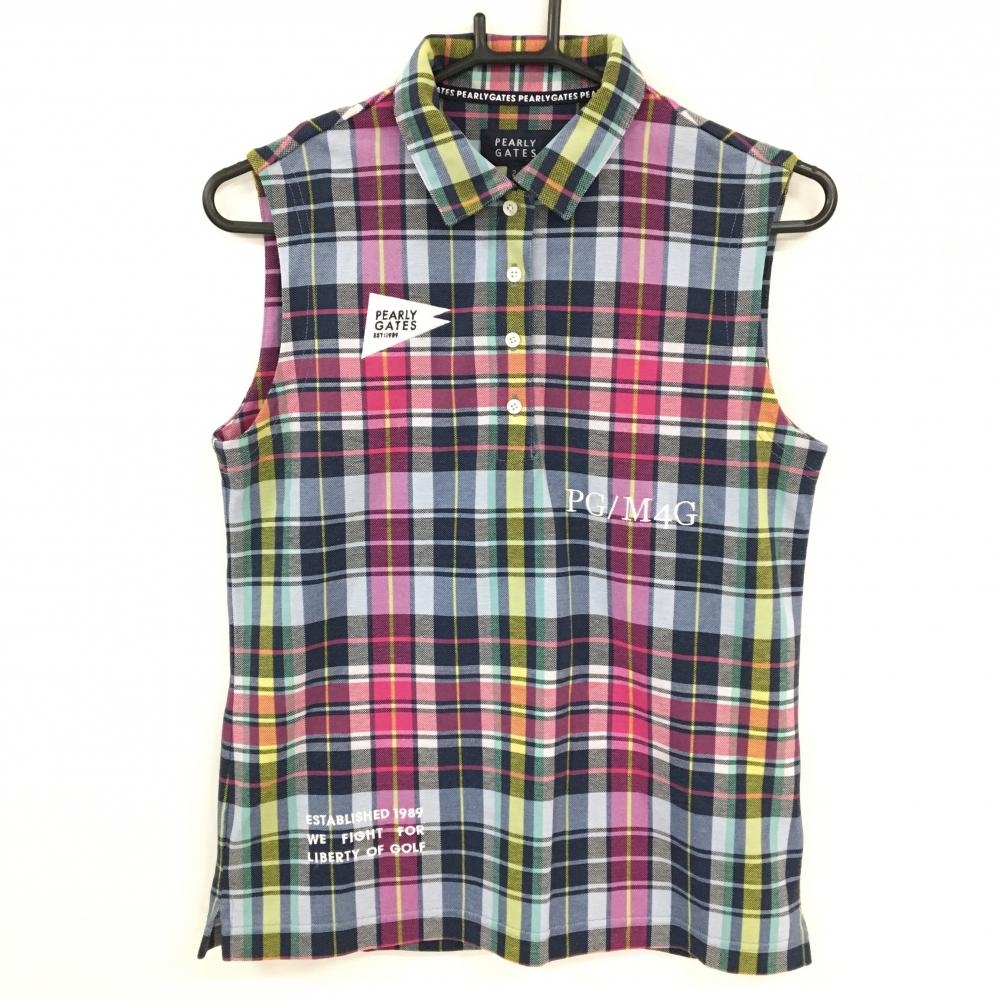 【超美品】パーリーゲイツ ノースリーブポロシャツ ネイビー×ピンク×イエロー チェック レディース 2(L) ゴルフウェア PEARLY GATES