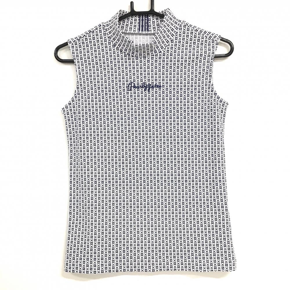 【超美品】パーリーゲイツ ノースリーブハイネックシャツ 白×ネイビー ロゴ総柄  レディース 00(XS) ゴルフウェア PEARLY GATES