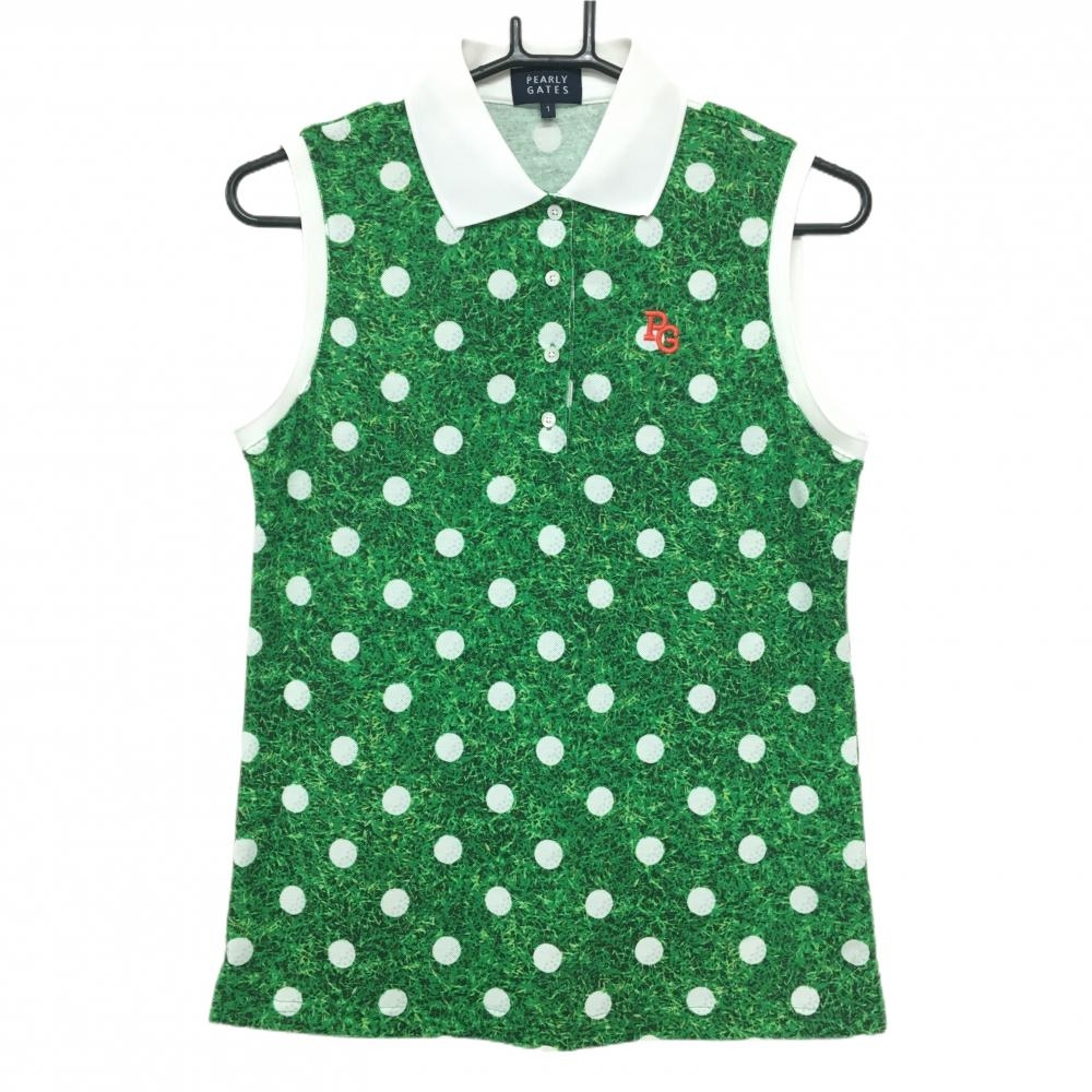 【美品】パーリーゲイツ ノースリーブポロシャツ グリーン×白 ドット 芝 ゴルフボール レディース 1(M) ゴルフウェア PEARLY GATES