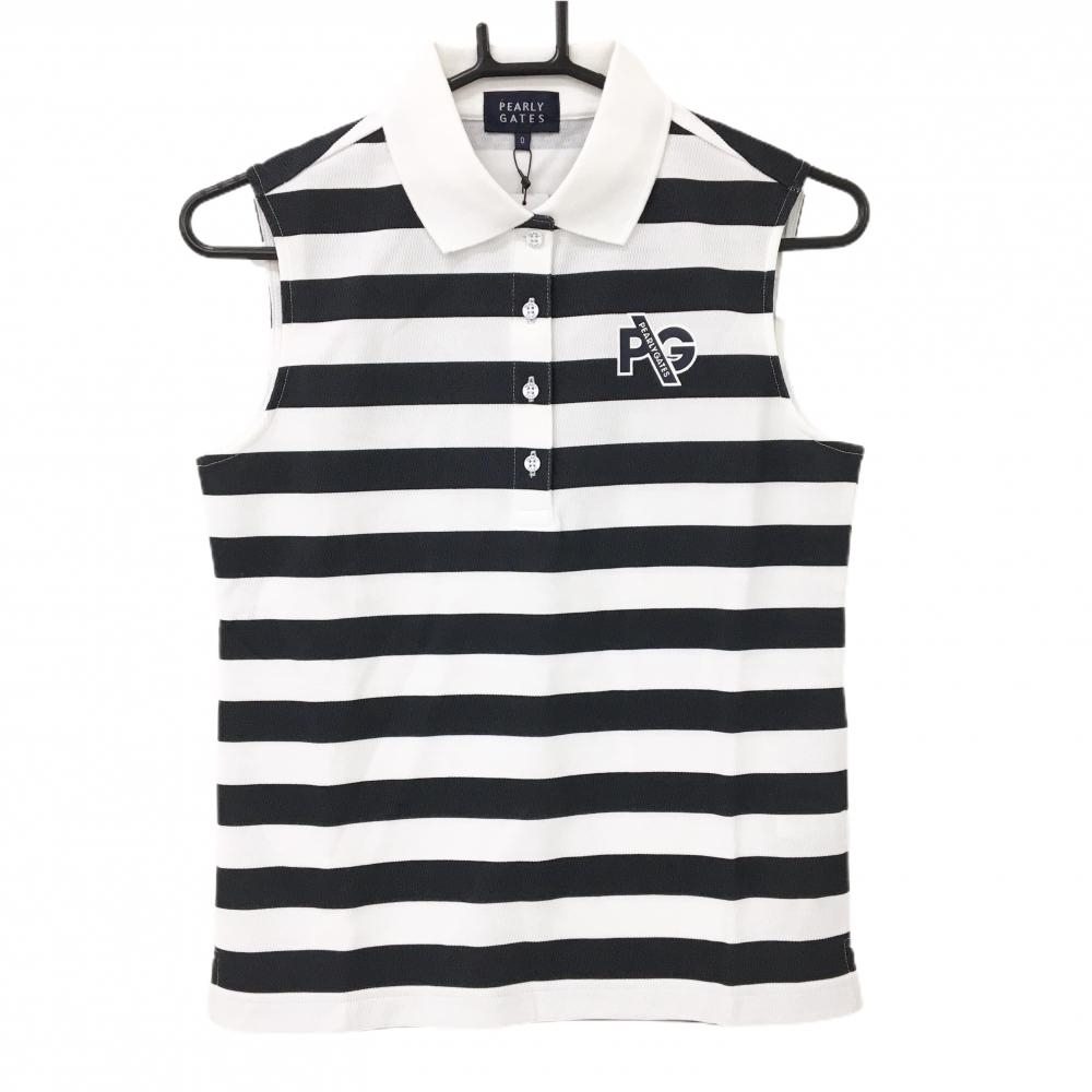 【新品】パーリーゲイツ ノースリーブポロシャツ 白×ネイビー ボーダー ロゴプリント レディース 0(S) ゴルフウェア PEARLY GATES