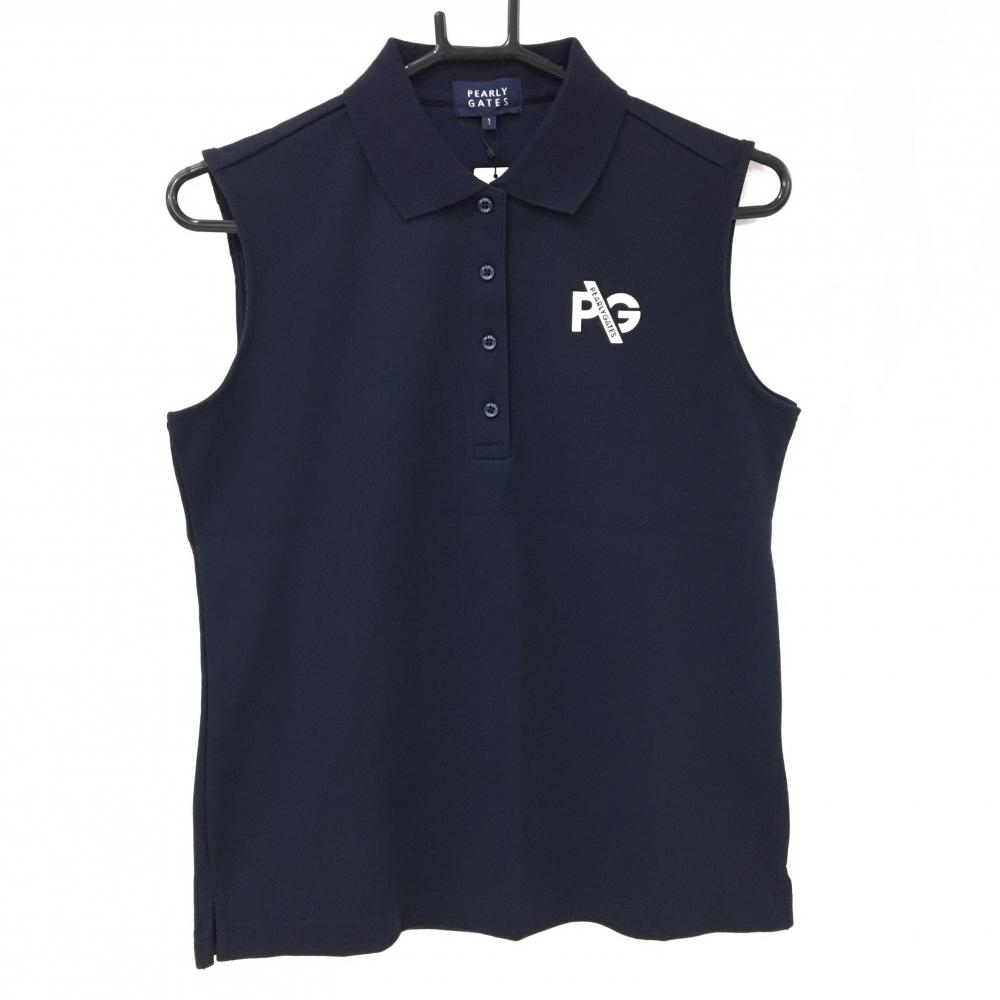 【新品】パーリーゲイツ ノースリーブポロシャツ ネイビー×白 ロゴプリント レディース 1(M) ゴルフウェア PEARLY GATES