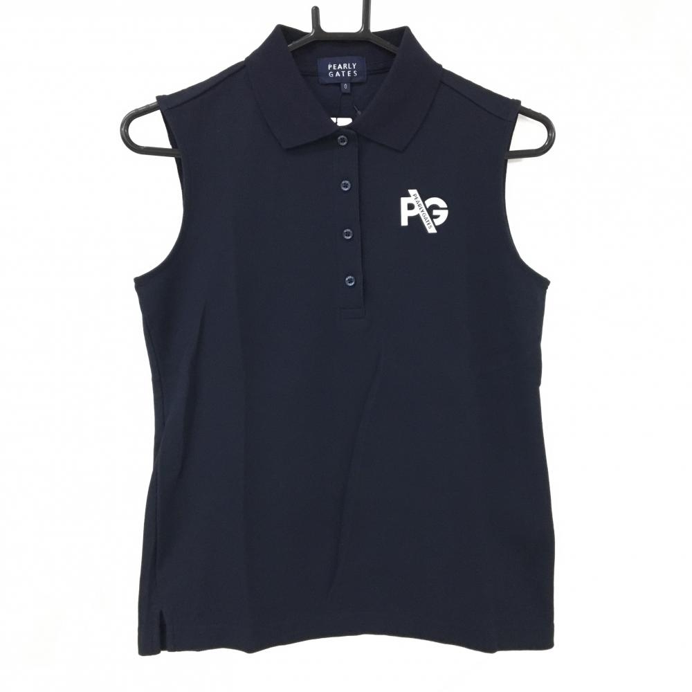 【新品】パーリーゲイツ ノースリーブポロシャツ ネイビー×白 ロゴプリント レディース 0(S) ゴルフウェア PEARLY GATES