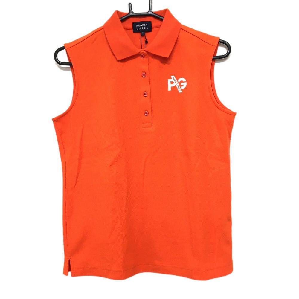 【新品】パーリーゲイツ ノースリーブポロシャツ オレンジ×白 ロゴプリント レディース 1(M) ゴルフウェア PEARLY GATES