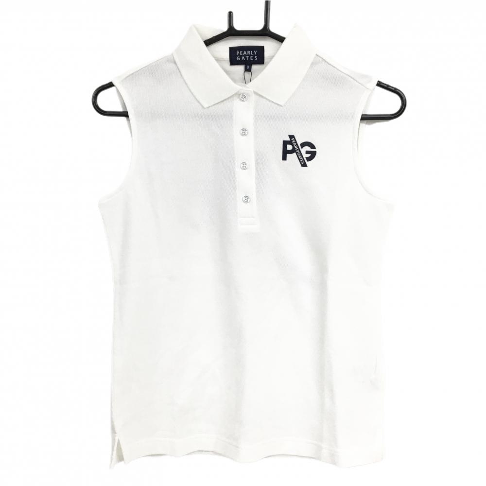 【新品】パーリーゲイツ ノースリーブポロシャツ 白×ネイビー ロゴプリント レディース 1(M) ゴルフウェア PEARLY GATES