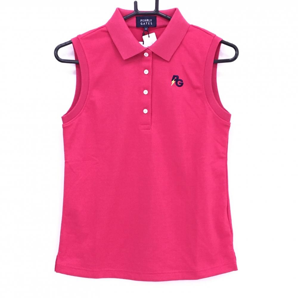 【新品】パーリーゲイツ ノースリーブポロシャツ レッドピンク×ネイビー 背面ロゴプリント 稲妻 襟裏ギザギザボーダー 吸汗 速乾 紙タグ汚れ レディース  ゴルフウェア PEARLY GATES