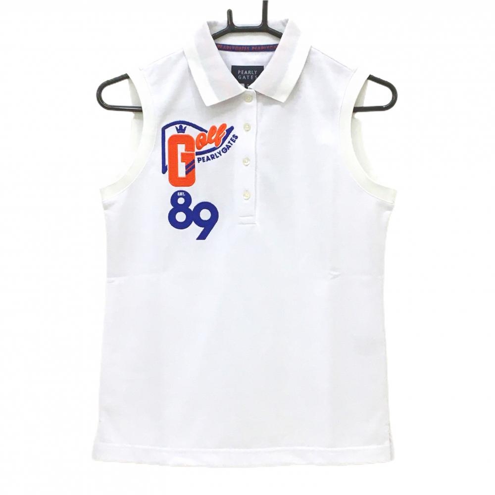 【新品】パーリーゲイツ ノースリーブポロシャツ 白×ブルー ロゴ刺しゅう 遮熱 吸汗速乾  レディース 0(S) ゴルフウェア PEARLY GATES
