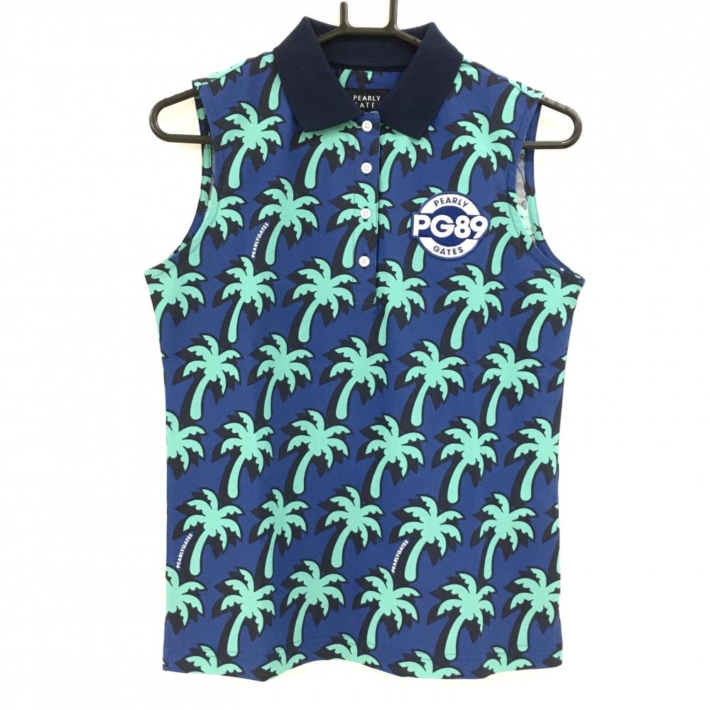 【新品】パーリーゲイツ ノースリーブポロシャツ ネイビー×エメラルドグリーン ヤシの木柄 レディース 0(S) ゴルフウェア PEARLY GATES