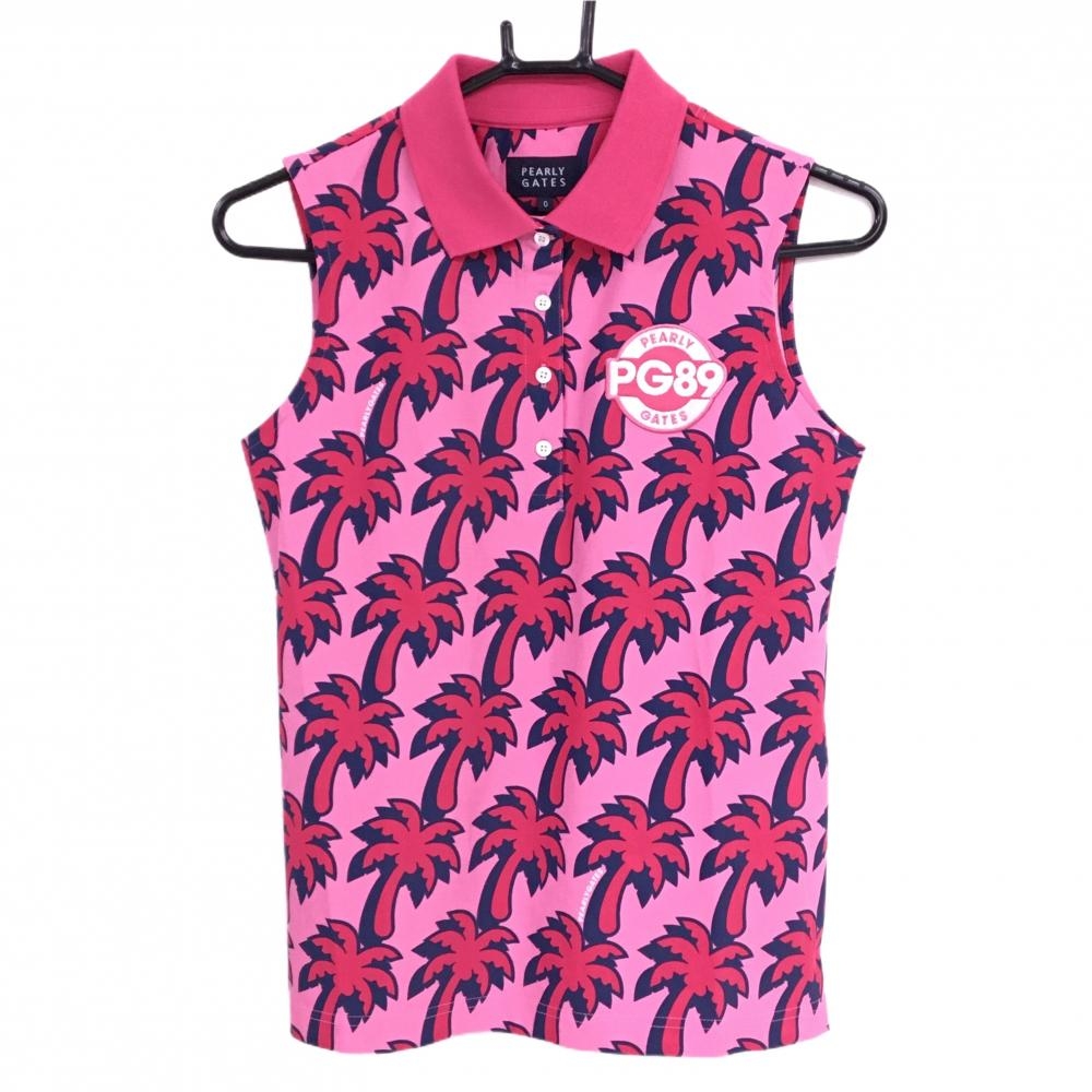 【新品】パーリーゲイツ ノースリーブポロシャツ ピンク×レッド ヤシの木柄 レディース 1(M) ゴルフウェア PEARLY GATES
