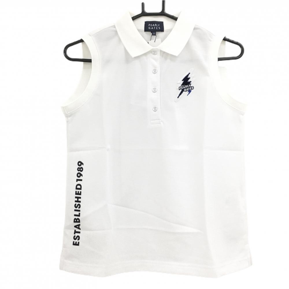 【新品】パーリーゲイツ ノースリーブポロシャツ 白×ネイビー 感電ニコちゃん 稲妻ワッペン レディース 0(S) ゴルフウェア PEARLY GATES