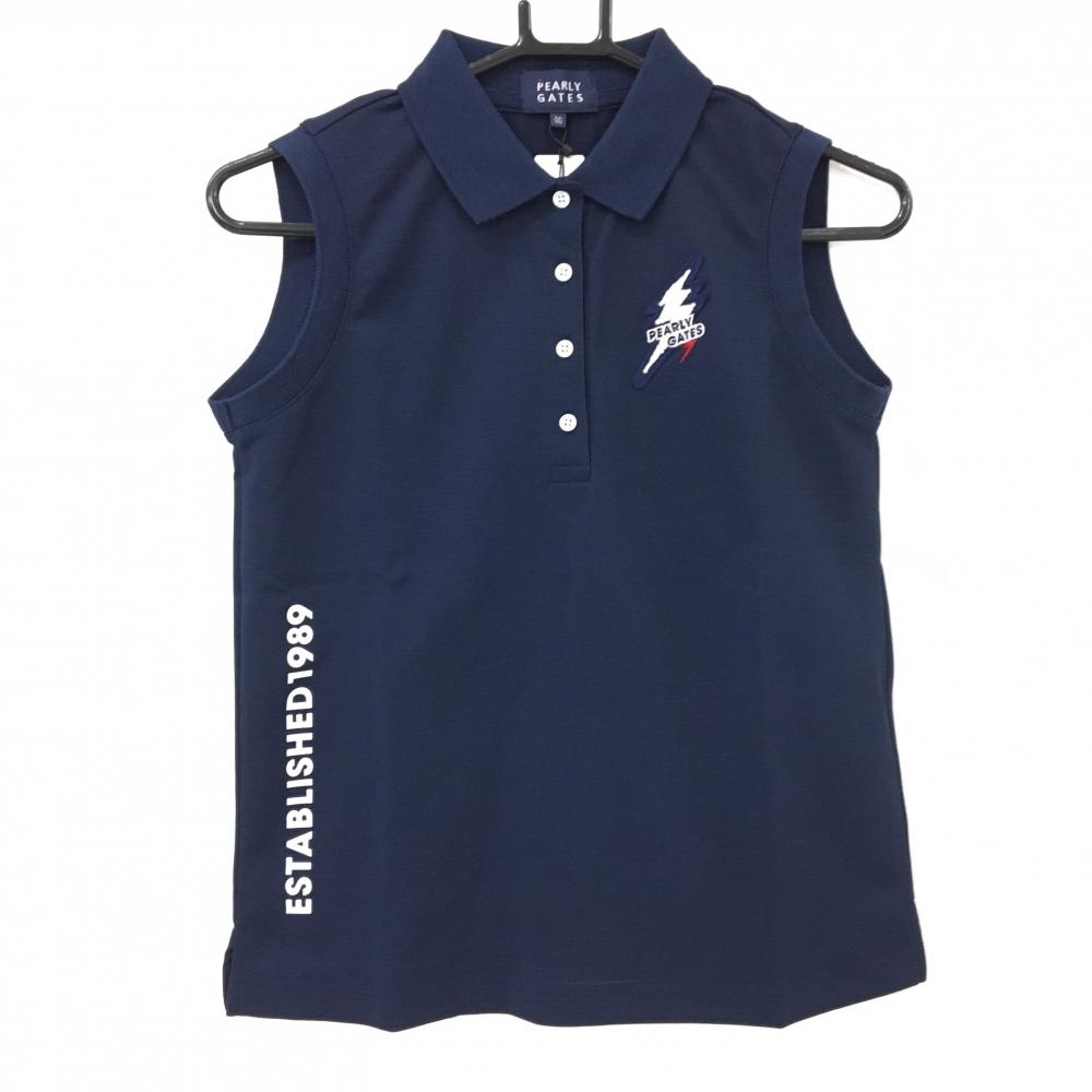 【新品】パーリーゲイツ ノースリーブポロシャツ ネイビー×白 感電ニコちゃん 稲妻ワッペン レディース 00(XS) ゴルフウェア PEARLY GATES