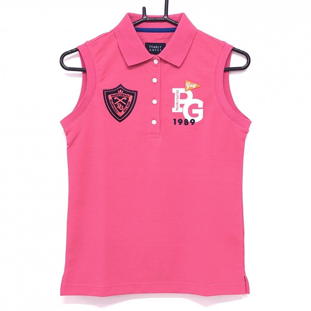 【新品】パーリーゲイツ ノースリーブポロシャツ ピンク×ネイビー 胸元ロゴ レディース 0(S) ゴルフウェア PEARLY GATES