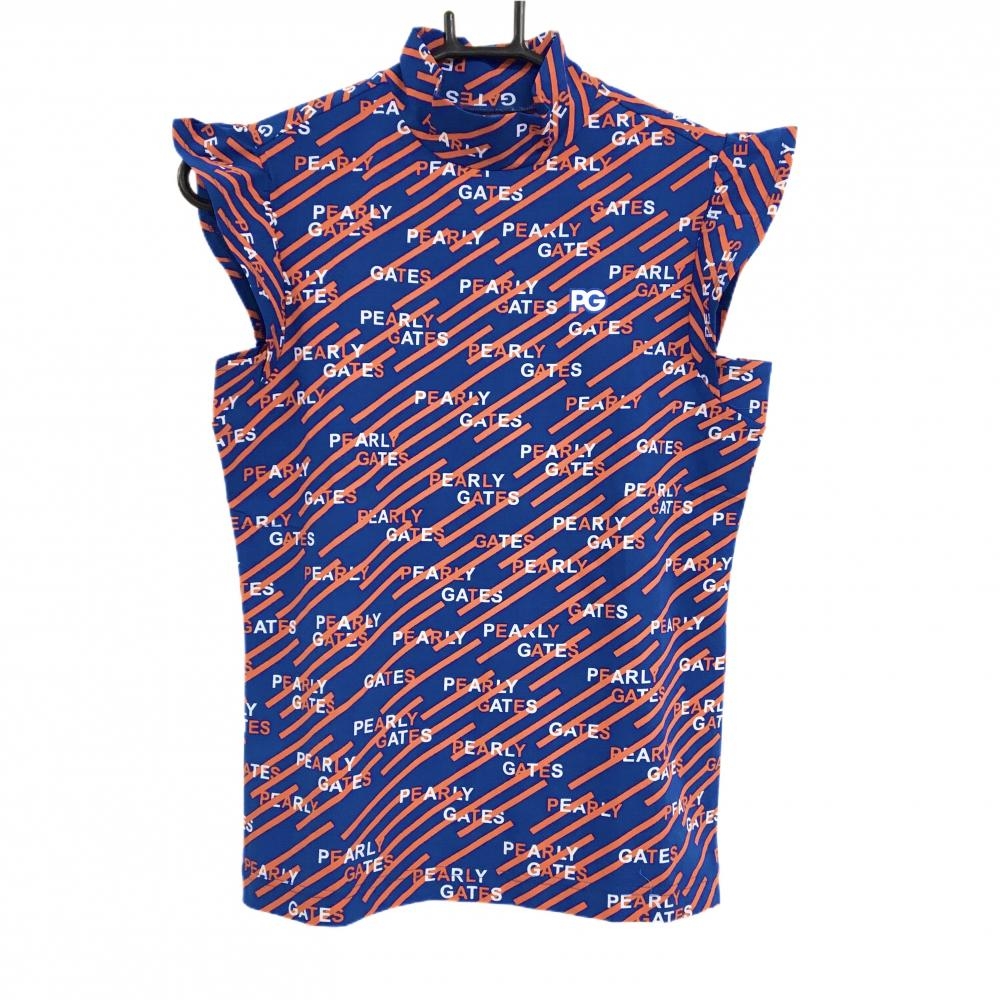 【新品】パーリーゲイツ ノースリーブハイネックシャツ ブルー×オレンジ ロゴ総柄 レディース 0(S) ゴルフウェア PEARLY GATES