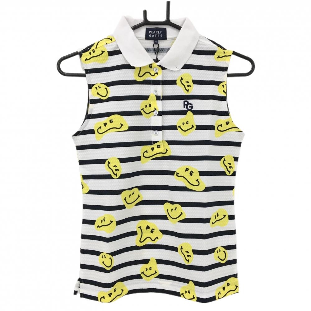 【新品】パーリーゲイツ ノースリーブポロシャツ 白×ネイビー TOKENIKO ボーダー 織生地 レディース 0(S) ゴルフウェア PEARLY GATES