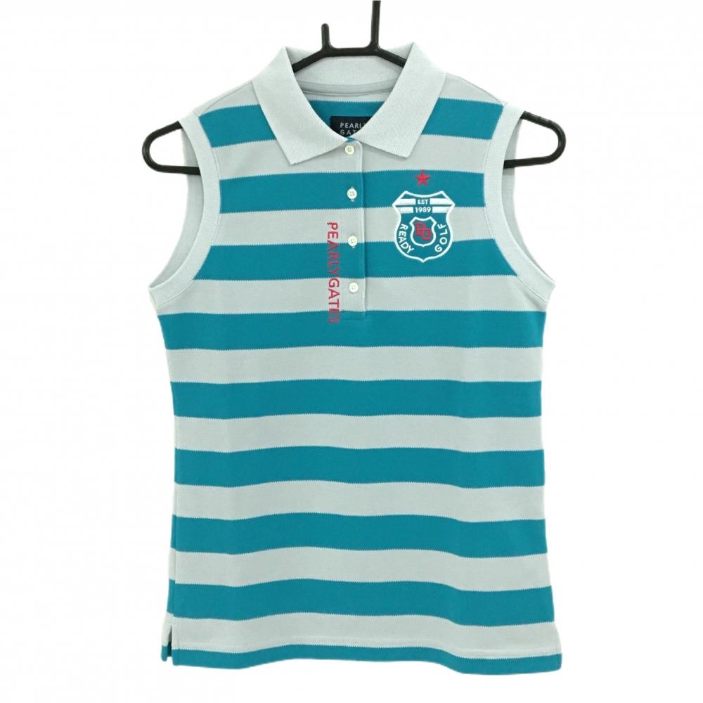 【新品】パーリーゲイツ ノースリーブポロシャツ ライトグレー×グリーンブルー ボーダー レディース 0(S) ゴルフウェア PEARLY GATES