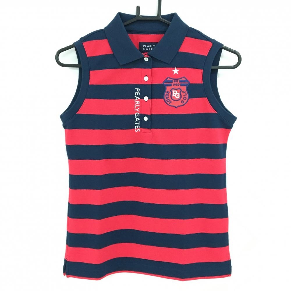 【新品】パーリーゲイツ ノースリーブポロシャツ レッド×ネイビー ボーダー ロゴ刺しゅう レディース 0(S) ゴルフウェア PEARLY GATES