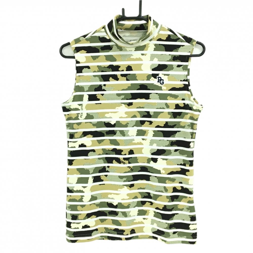 【新品】パーリーゲイツ ノースリーブハイネックシャツ カーキ×ベージュ×白 迷彩柄 カモフラ レディース 1(M) ゴルフウェア PEARLY GATES