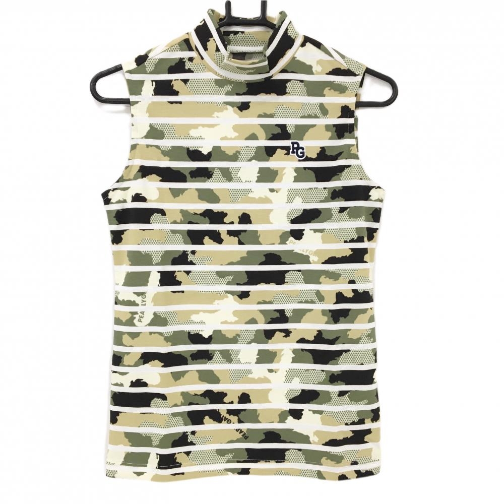 【新品】パーリーゲイツ ノースリーブハイネックシャツ カーキ×ベージュ×白 迷彩柄  レディース 0(S) ゴルフウェア PEARLY GATES