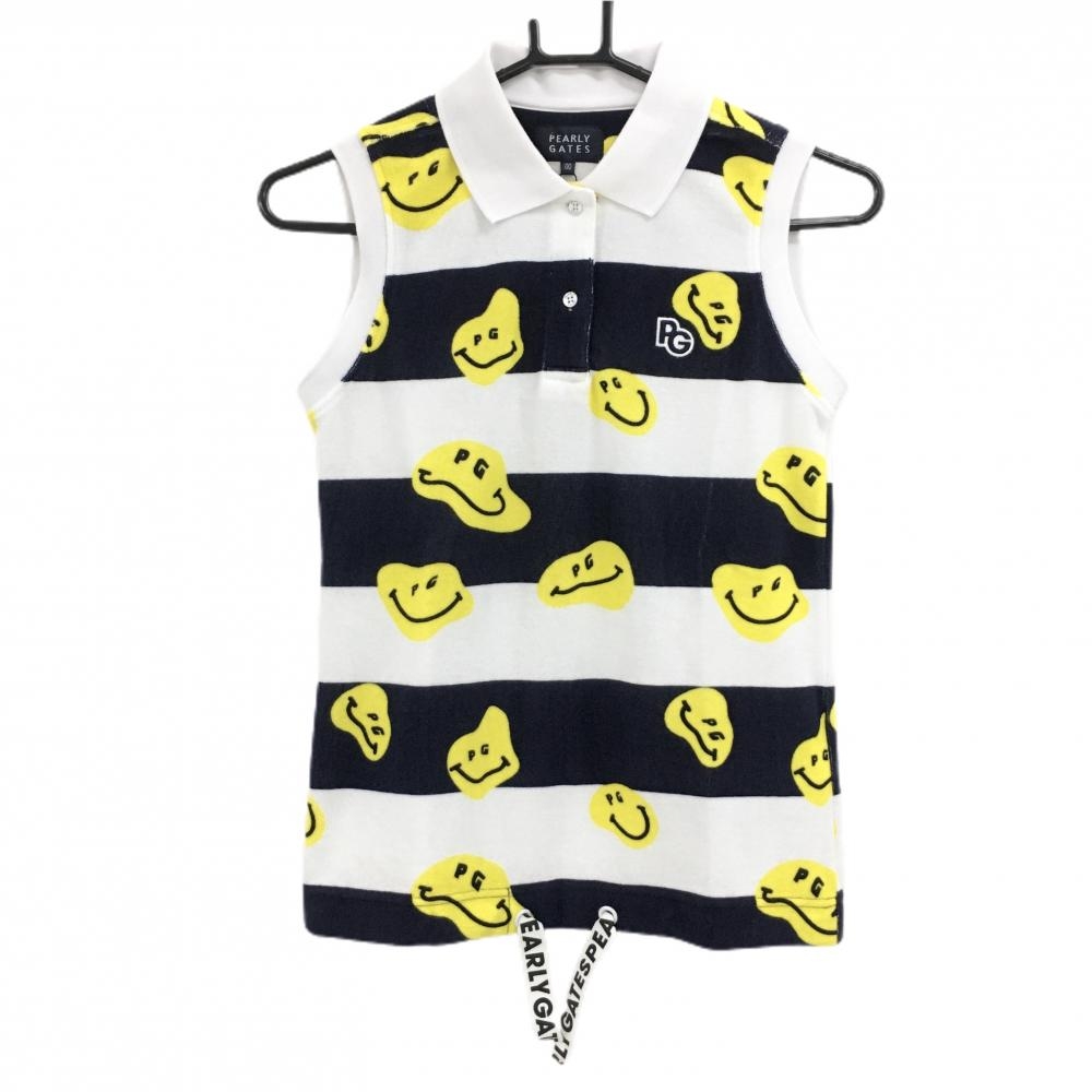 【新品】パーリーゲイツ ノースリーブポロシャツ 白×ネイビー ボーダー TOKENIKO パイル地 レディース 00(XS) ゴルフウェア PEARLY GATES