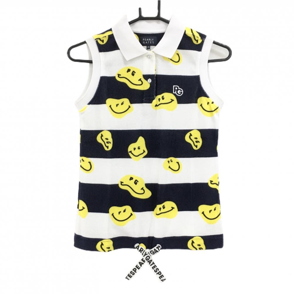 【新品】パーリーゲイツ ノースリーブポロシャツ 白×ネイビー ボーダー TOKENIKO パイル地  レディース 00(XS) ゴルフウェア PEARLY GATES