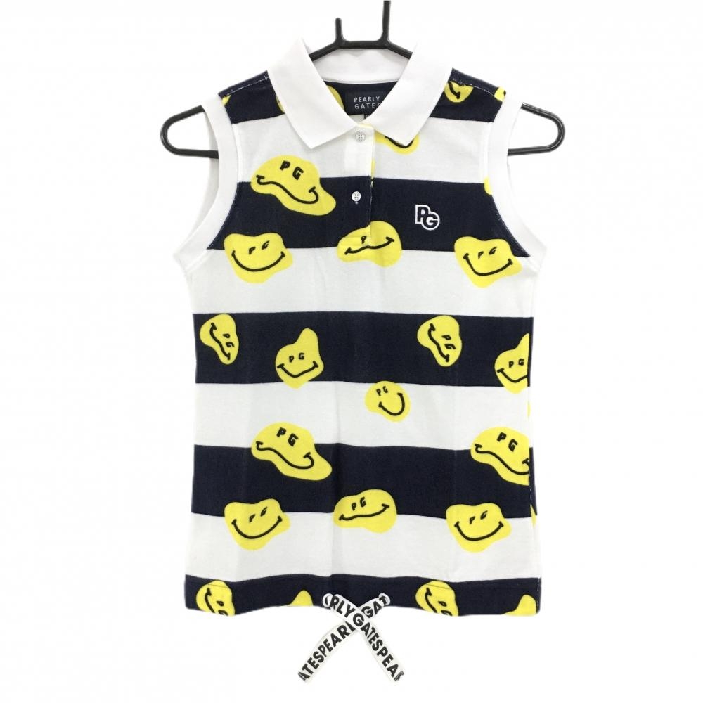 【新品】パーリーゲイツ ノースリーブポロシャツ 白×ネイビー ボーダー TOKENIKO パイル地  レディース 00(XS) ゴルフウェア PEARLY GATES