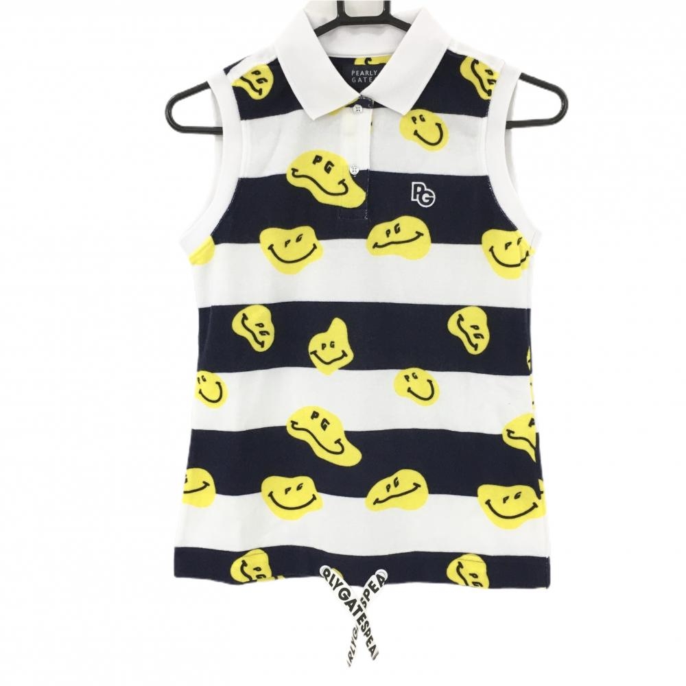 【新品】パーリーゲイツ ノースリーブポロシャツ 白×ネイビー ボーダー レディース 0(S) ゴルフウェア PEARLY GATES
