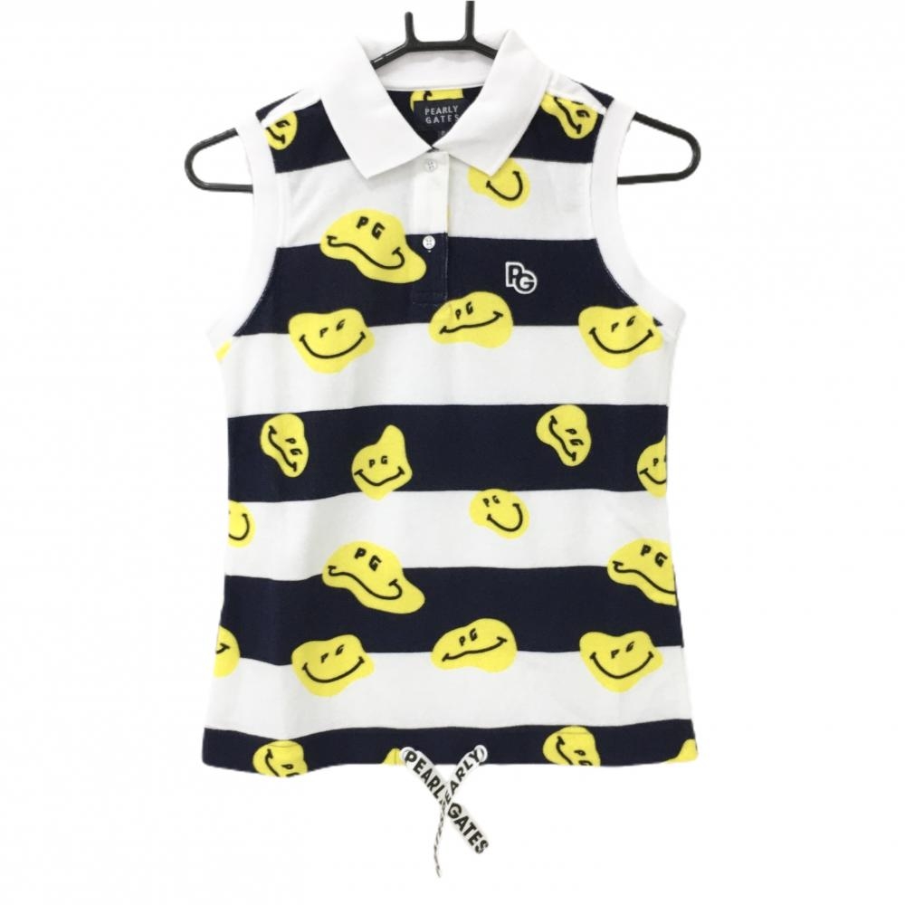 【新品】パーリーゲイツ ノースリーブポロシャツ 白×ネイビー ボーダー レディース 0(S) ゴルフウェア PEARLY GATES