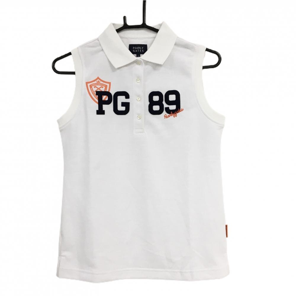 【美品】パーリーゲイツ ノースリーブポロシャツ 白×ネイビー フロントワッペン 吸水 防スケ レディース 0(S) ゴルフウェア PEARLY GATES