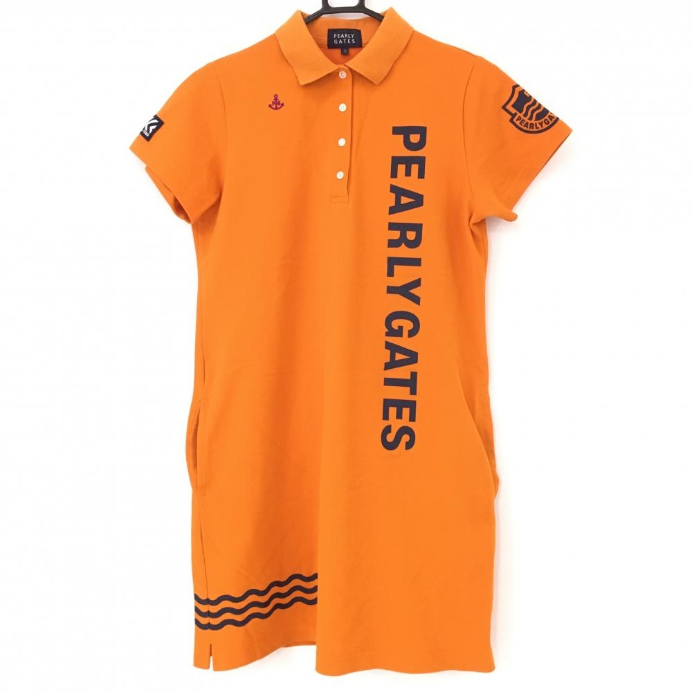 パーリーゲイツ 半袖ポロワンピース オレンジ×ネイビー ロゴプリント レディース 1(M) ゴルフウェア PEARLY GATES