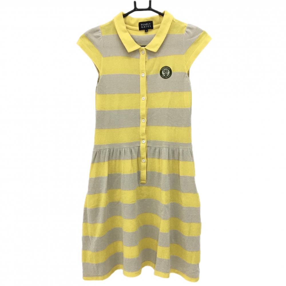 【美品】パーリーゲイツ 半袖ポロワンピース イエロー×ベージュ ボーダー  レディース 0(S) ゴルフウェア PEARLY GATES