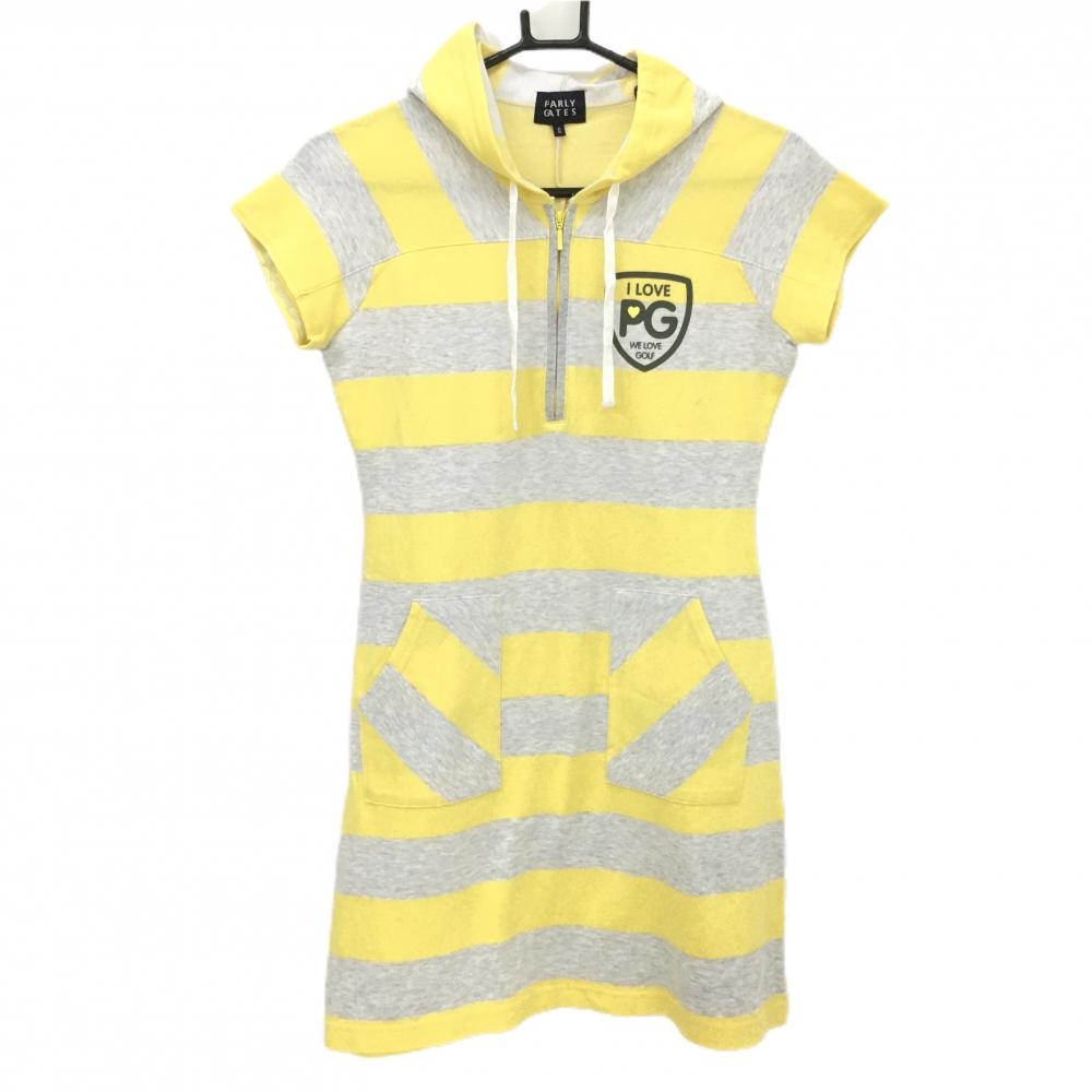 パーリーゲイツ フード付き半袖ワンピース イエロー×杢ライトグレー 太ボーダー ハーフジップ レディース 0(S) ゴルフウェア PEARLY GATES