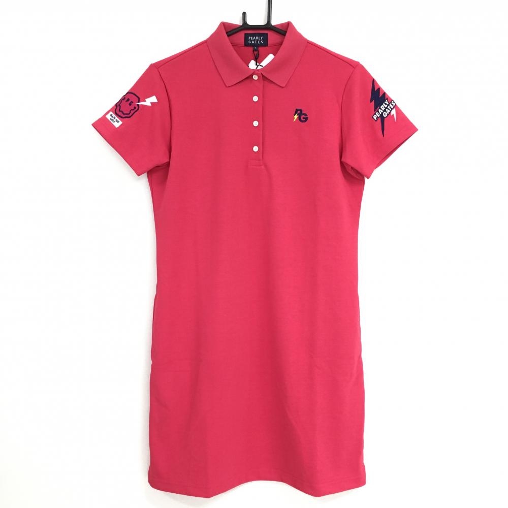 【新品】パーリーゲイツ 半袖ポロワンピース ピンク×ネイビー 感電ニコちゃん ロゴ刺しゅう レディース 1(M) ゴルフウェア PEARLY GATES