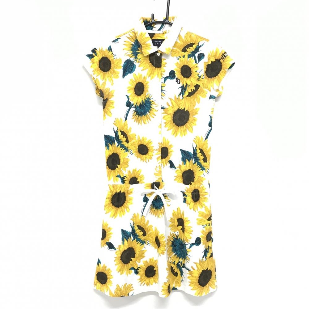 【美品】パーリーゲイツ 半袖ポロワンピース 白×イエロー ひまわり総柄 レディース 0(S) ゴルフウェア PEARLY GATES